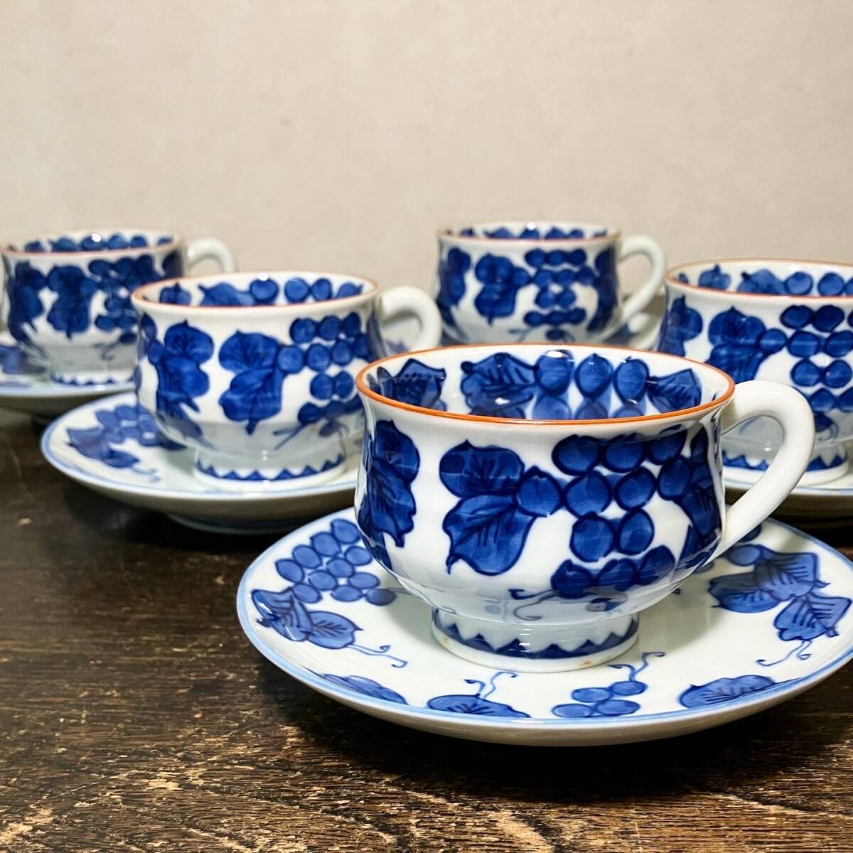 京都⑩ 川瀬竹春 作 染付葡萄文 珈琲碗揃 カップ＆ソーサー 6客揃 共箱 茶道具