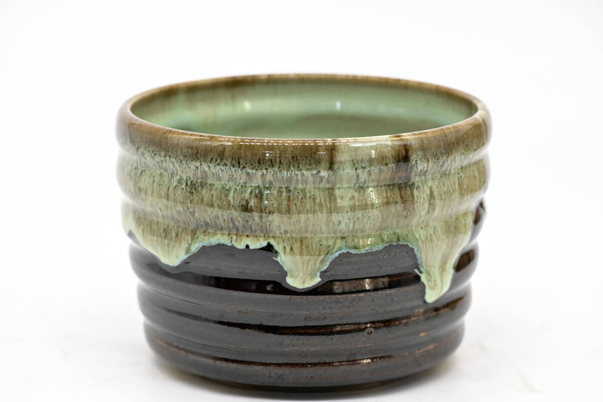 京都6＄ 阿槽窯 翠峯 造 高取捻貫建水 共箱/共布付　茶器 茶道具