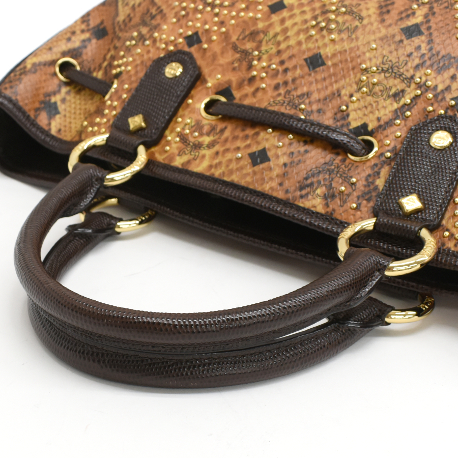 新品同様 MCM ハンドバッグ パイソン型押し スタッズ ヴィセトス コーテッドキャンバス レザー コニャック エムシーエム