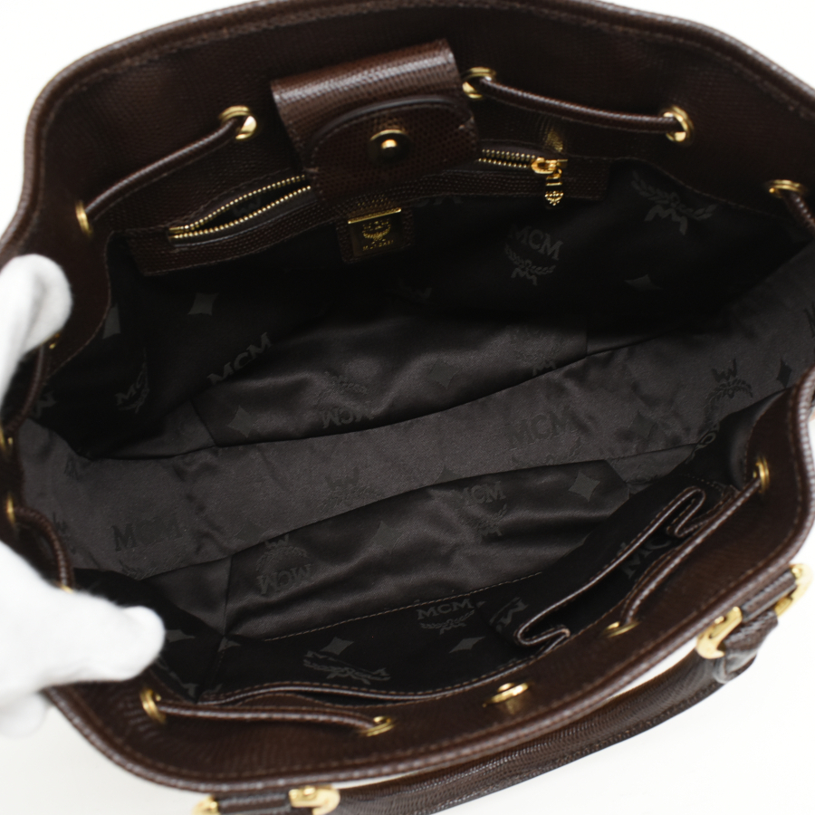 新品同様 MCM ハンドバッグ パイソン型押し スタッズ ヴィセトス コーテッドキャンバス レザー コニャック エムシーエム