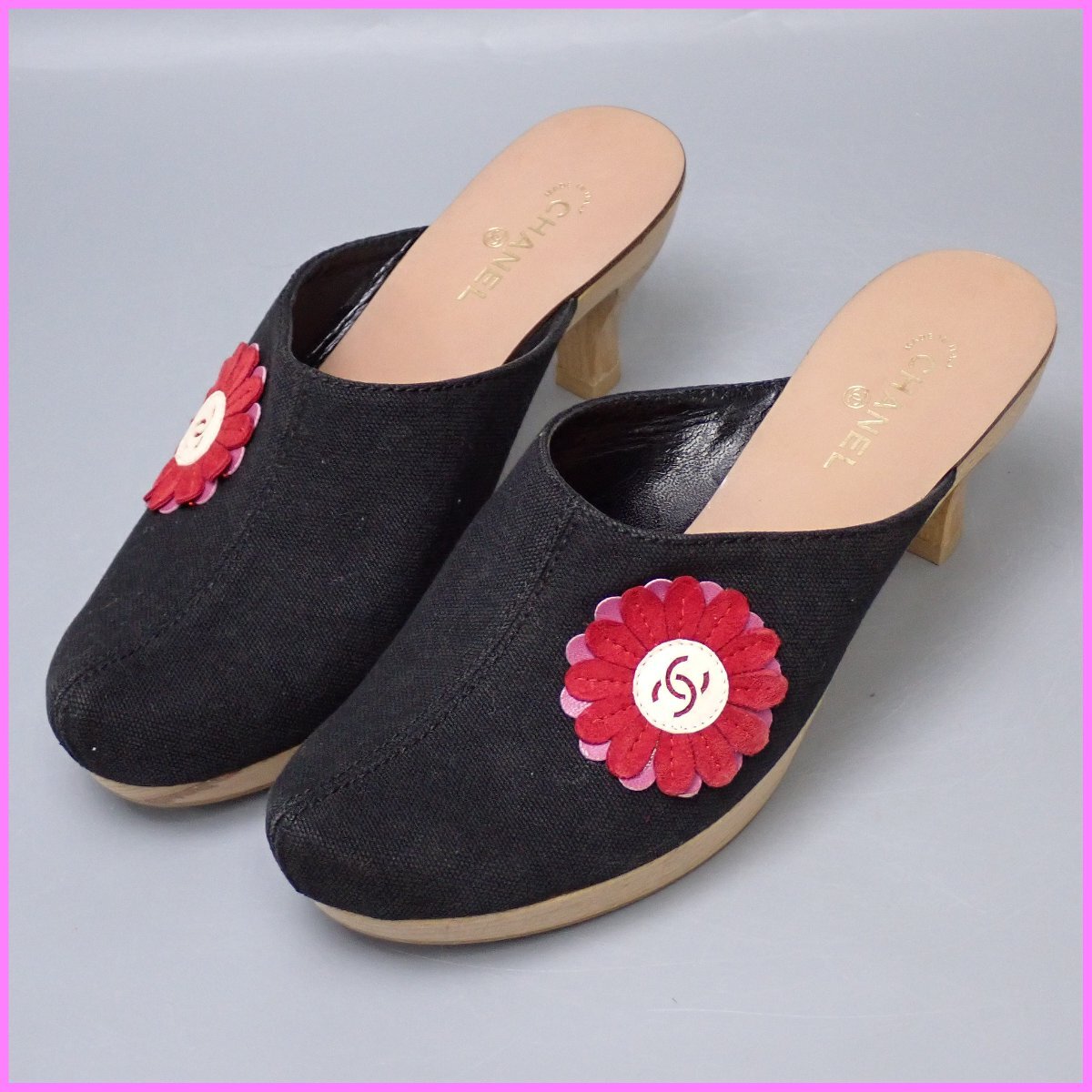 □CHANEL/シャネル サボサンダル 36.5/レディース23.5cm相當(dāng)/ブラック系/フラワー/ココマーク/ウッドソール/ヒール高約7cm&2135200030