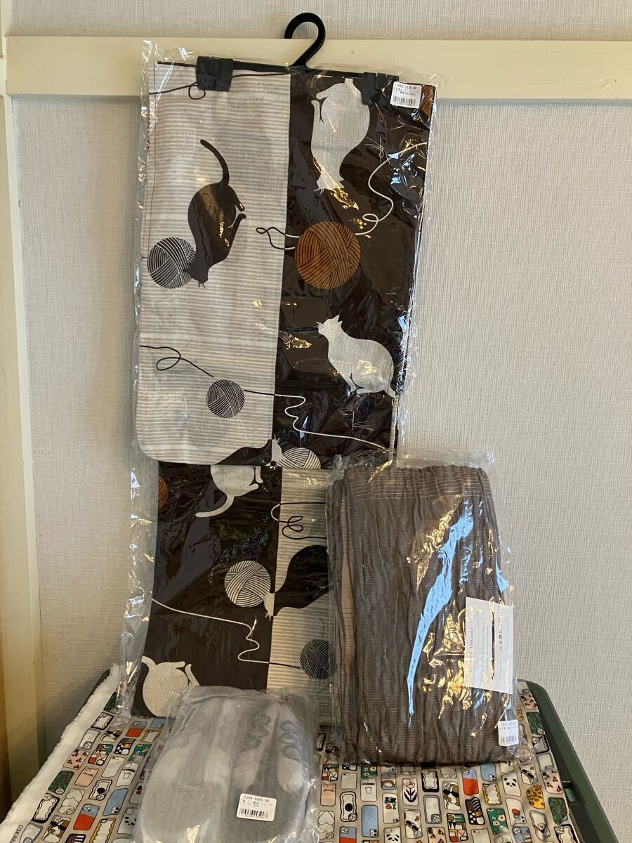 【新品未使用】Nico@ntique ニコアンティーク 高級変わり織 浴衣3點セット 茶色と金柑のまりねこ染め分け ウタタネ 浴衣 ブラウン