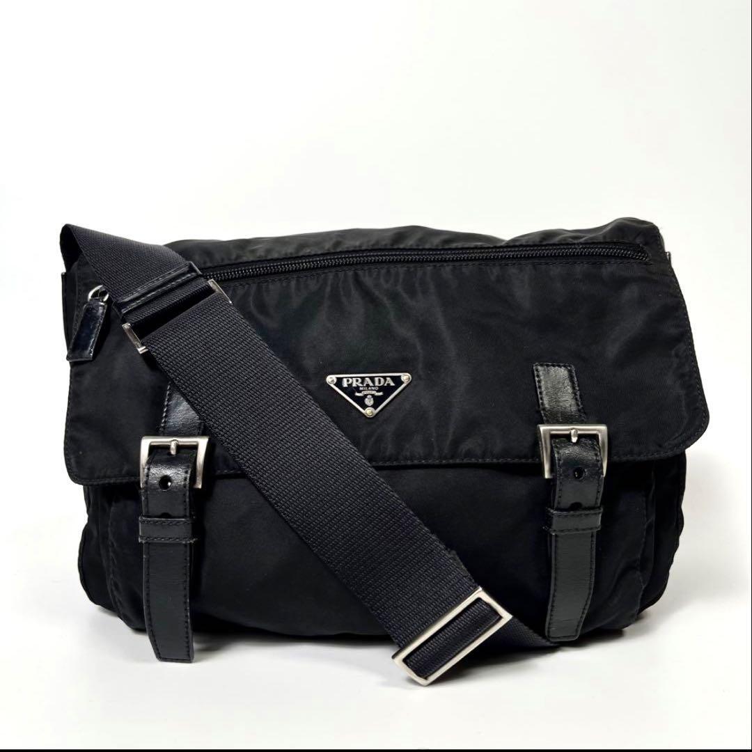 1円 ■美品■PRADA プラダ メッセンジャーバッグ ショルダーバッグ 斜め掛け 三角プレート ナイロン レザー 黒 ブラック レディース メンズ
