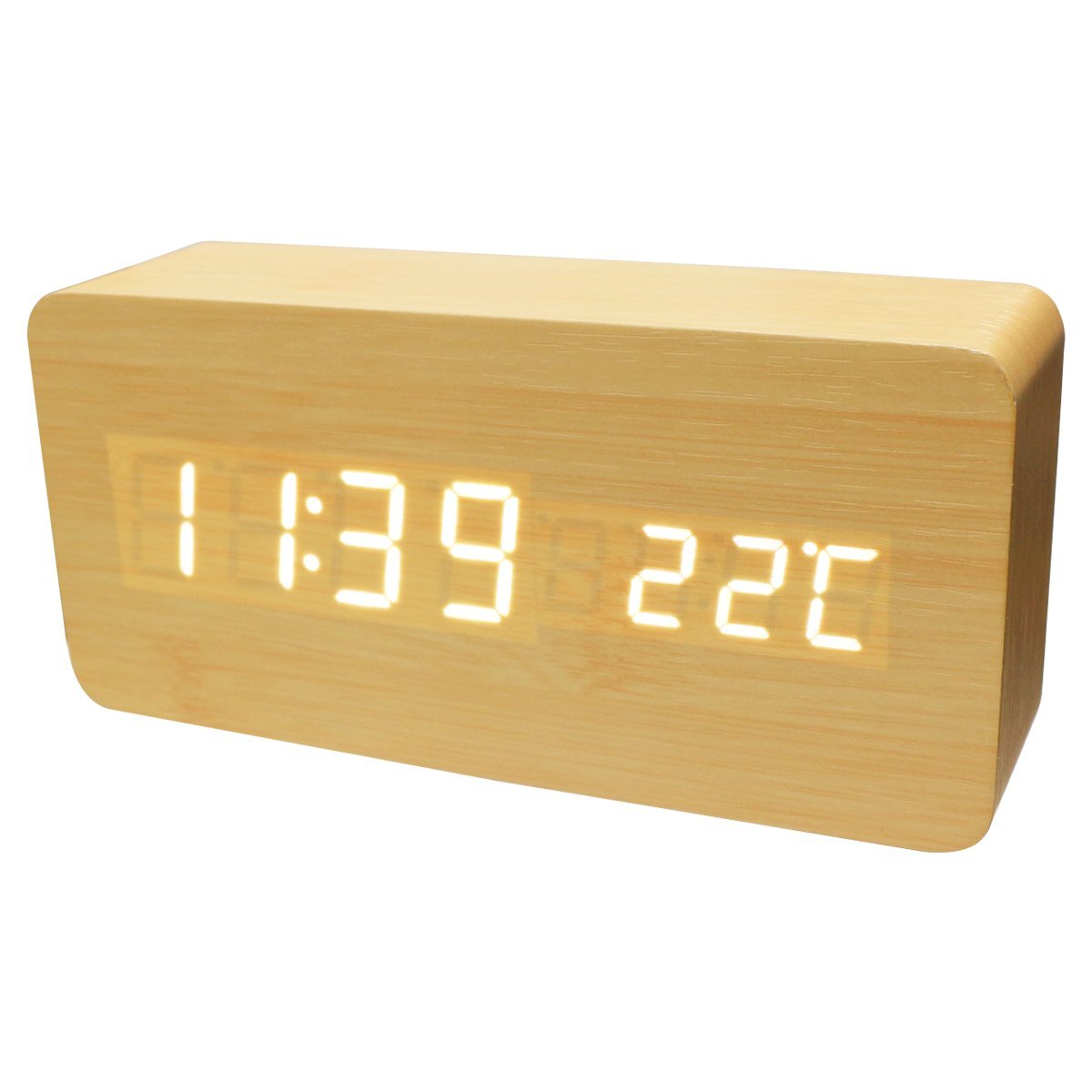 【送料無(wú)料】 USB電源 単4電池対応 デジタル アラーム LED 置時(shí)計(jì) 目覚まし時(shí)計(jì) 多機(jī)能 溫度計(jì) 音聲感知 インテリア 木目調(diào) 黃木目