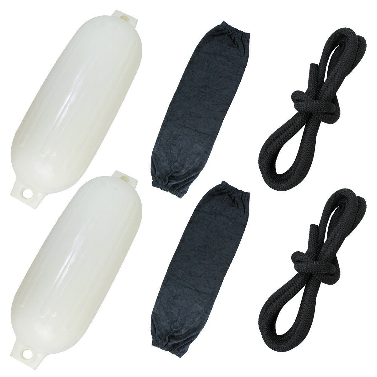 『3種×2セット』ボートフェンダー 580×190mm＆黒カバー＆ロープ 黒 2ｍ 船 浮き ブイ フロート 系留ロープ