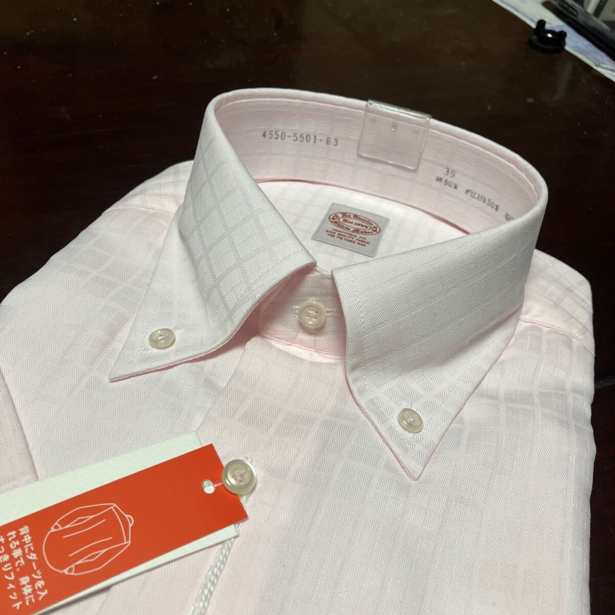 百貨店販売品　Exterrito　形態(tài)安定　ピンク織柄チェック半袖ワイシャツ　L(首41㎝)　ボタンダウン　スリムフィット　送料無(wú)料