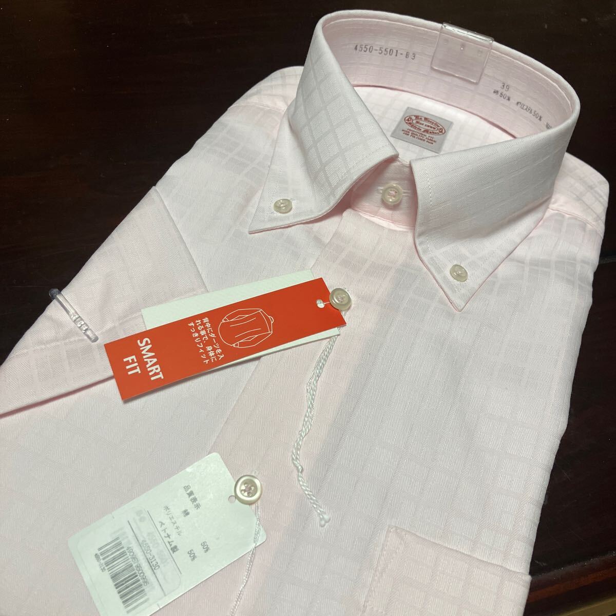 百貨店販売品　Exterrito　形態(tài)安定　ピンク織柄チェック半袖ワイシャツ　L(首41㎝)　ボタンダウン　スリムフィット　送料無(wú)料