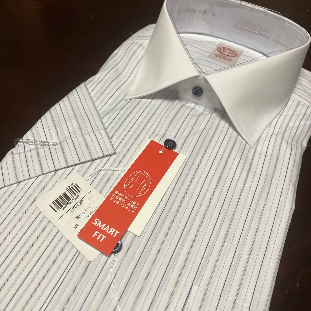 百貨店販売品　Exterrito　形態(tài)安定　クレリック　ブルーストライプ半袖ワイシャツ★L(首41㎝)　セミワイド　スリムフィット　送料無料