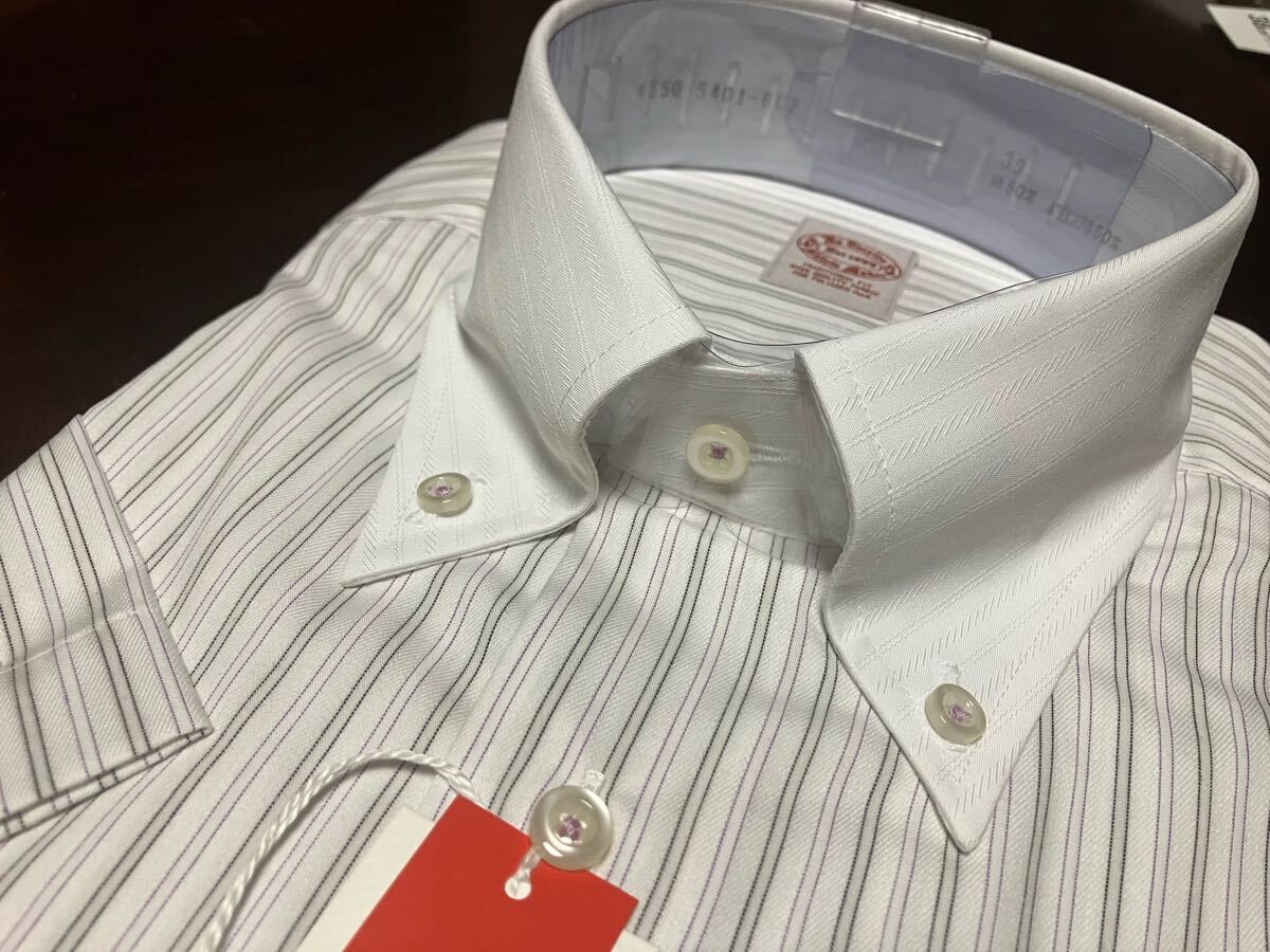 百貨店販売品　Exterrito☆形態(tài)安定　クレリック　パープルストライプ半袖ワイシャツ　M(首39㎝)　ボタンダウン　スリムフィット　送料無(wú)料