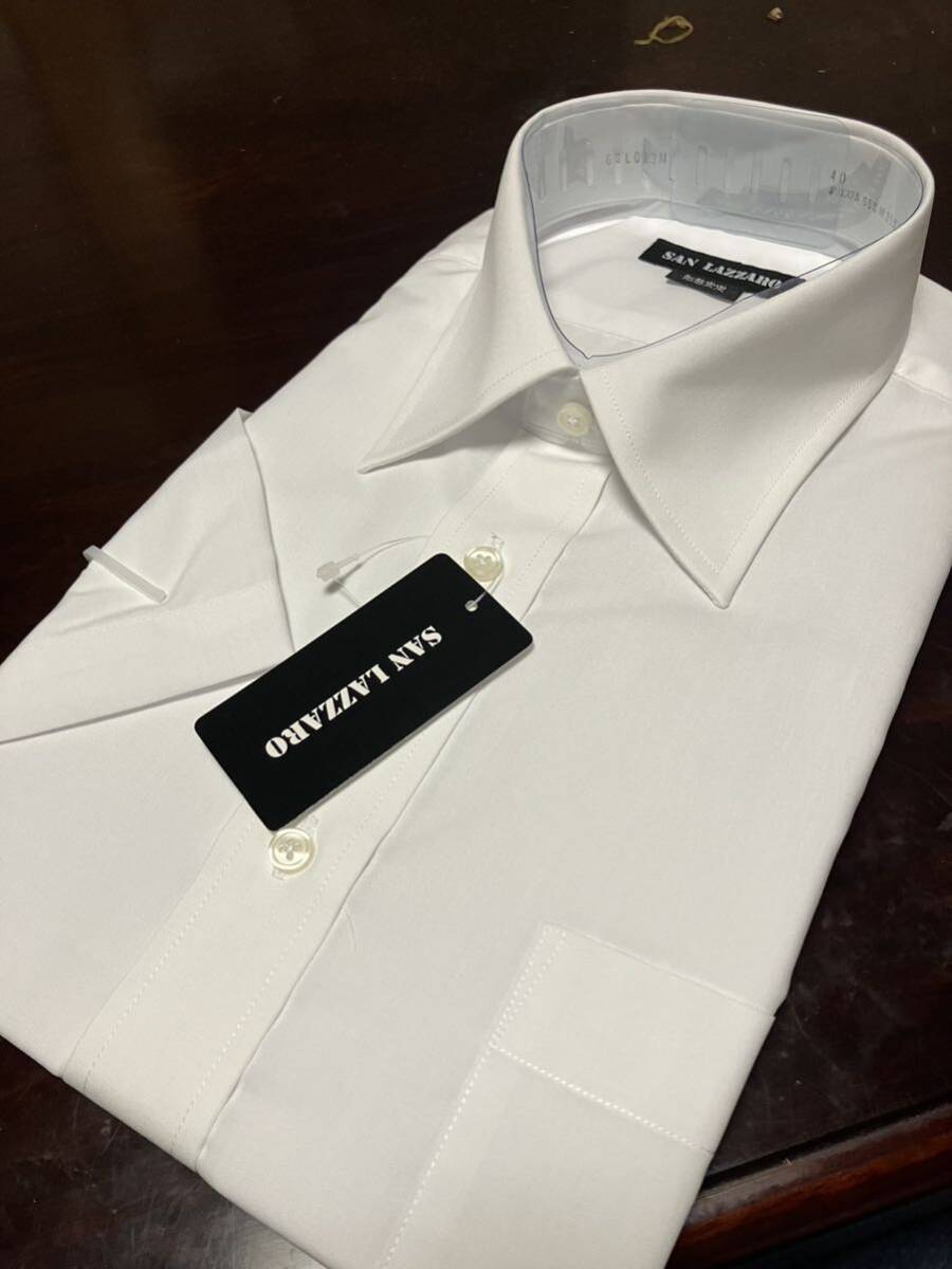 SAN LAZZARO　白無(wú)地　半袖形態(tài)安定ワイシャツ　M(首39㎝)★レギュラーカラー　送料無(wú)料