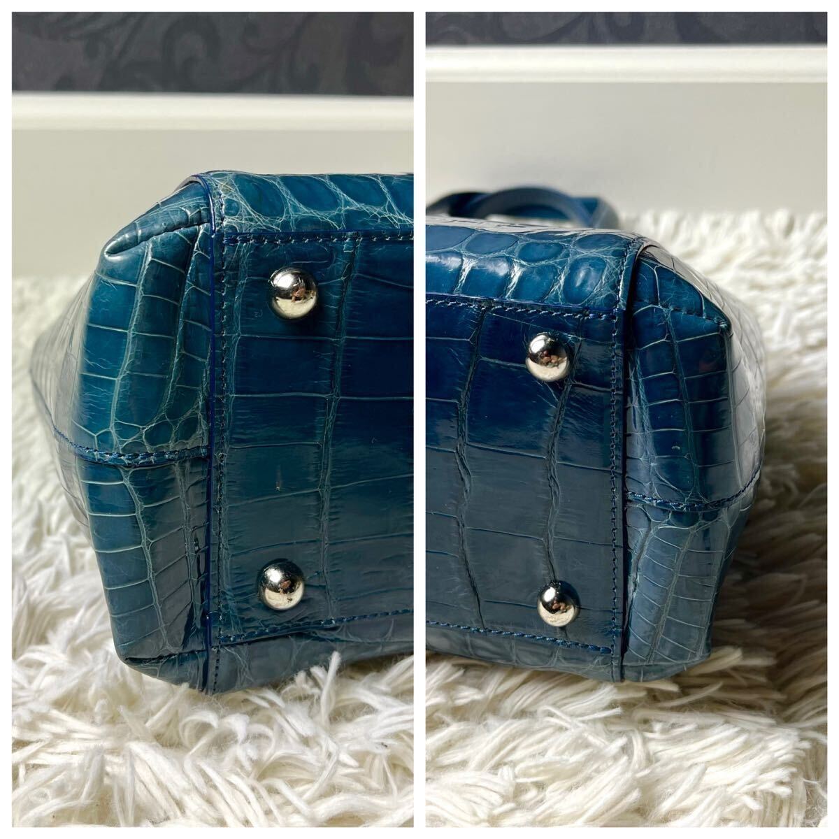 定価45万!!! Sanpo JRA シャイニングクロコ ハンドバッグ ブルー
