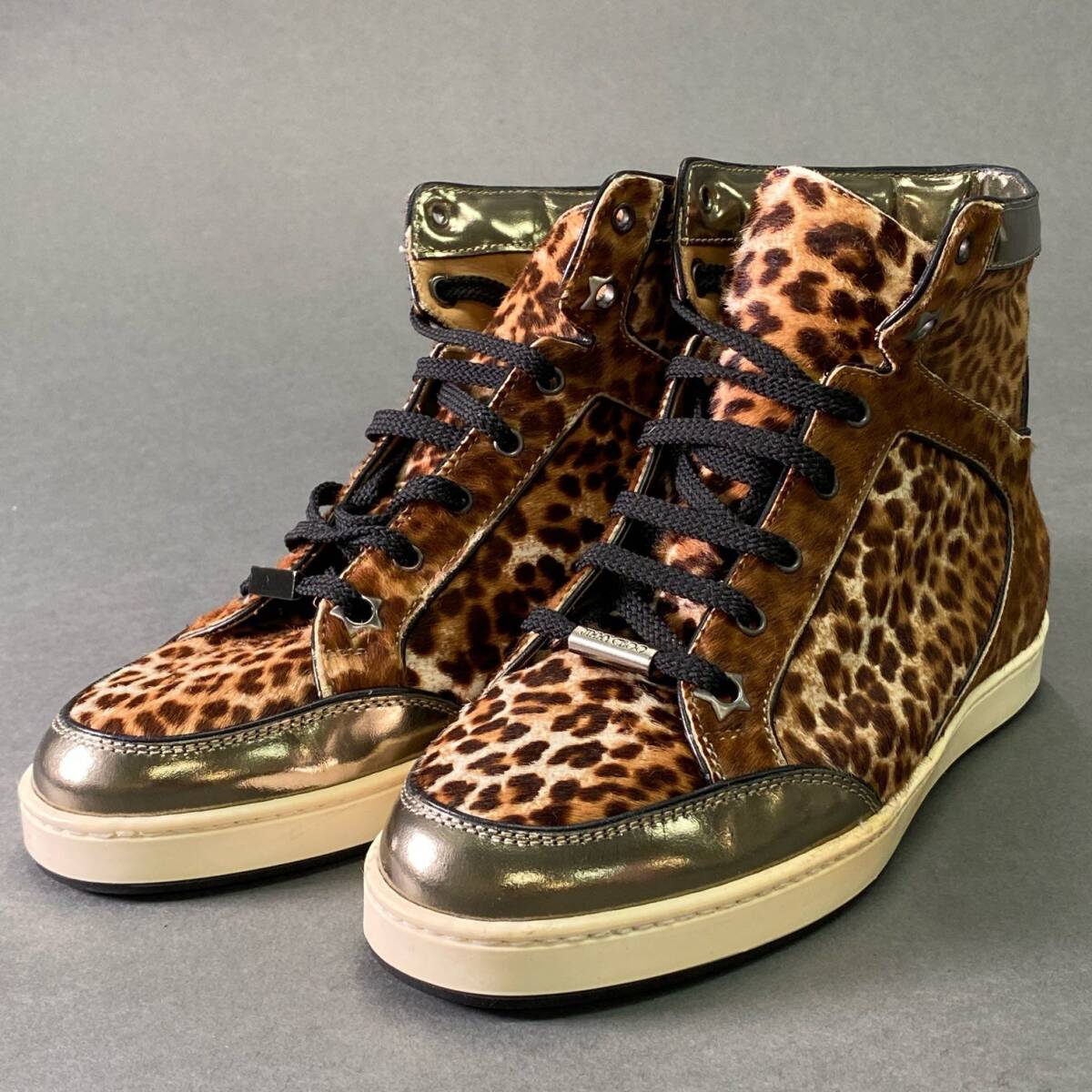 3e5 JIMMY CHOO ジミーチュウ ハラコ レオパード ハイカットスニーカー 35 1/2 ブラウン レザー シューズ イタリア制