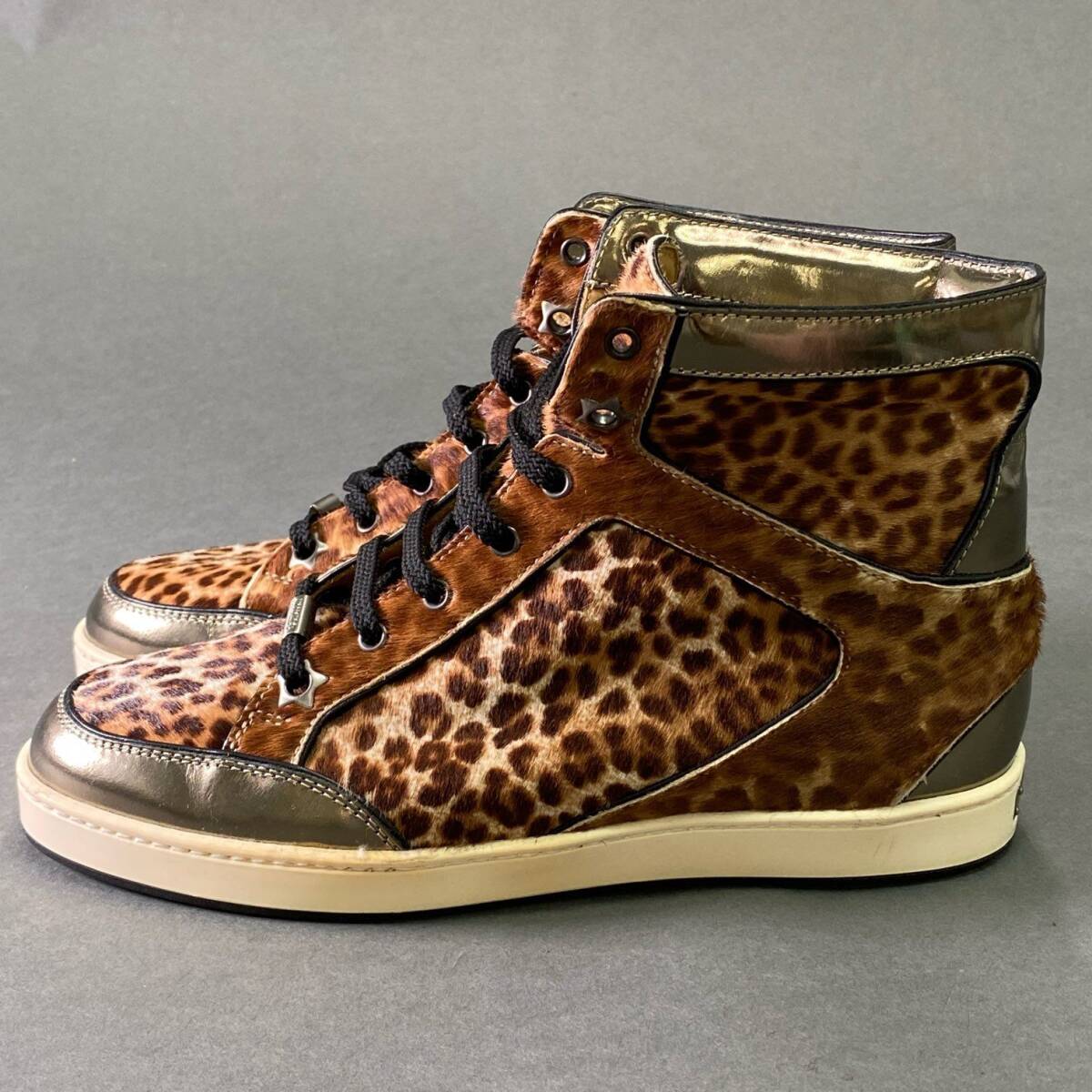 3e5 JIMMY CHOO ジミーチュウ ハラコ レオパード ハイカットスニーカー 35 1/2 ブラウン レザー シューズ イタリア制