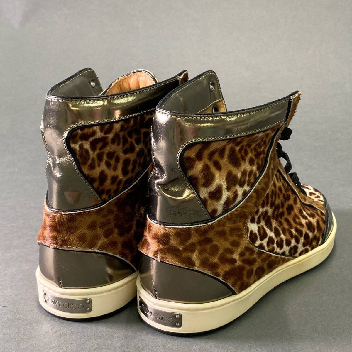 3e5 JIMMY CHOO ジミーチュウ ハラコ レオパード ハイカットスニーカー 35 1/2 ブラウン レザー シューズ イタリア制