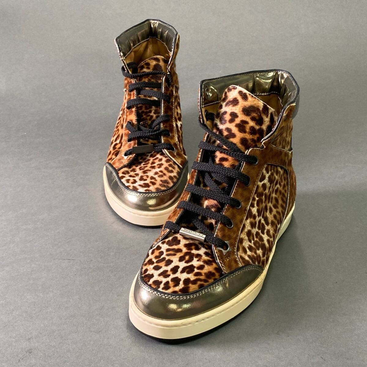 3e5 JIMMY CHOO ジミーチュウ ハラコ レオパード ハイカットスニーカー 35 1/2 ブラウン レザー シューズ イタリア制