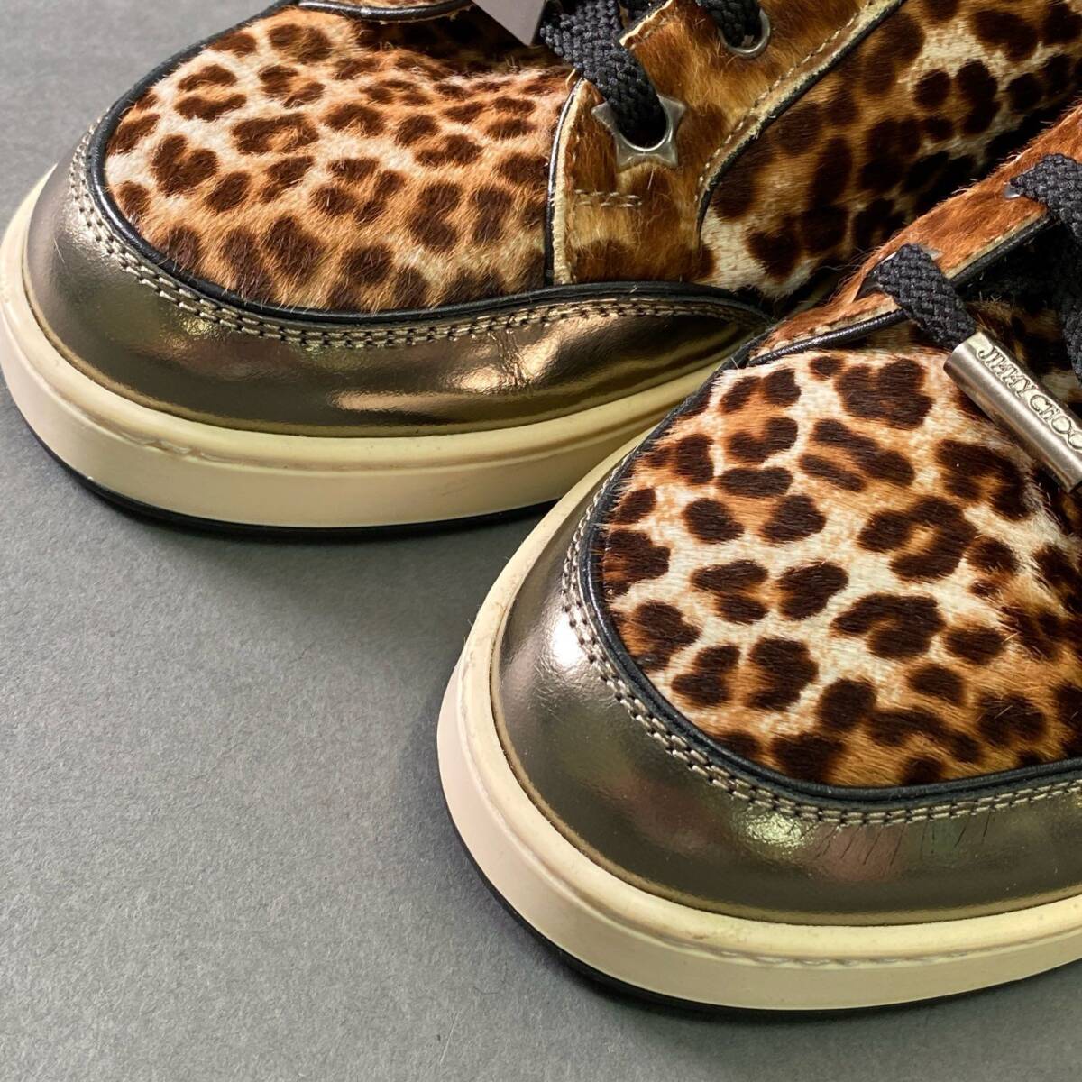 3e5 JIMMY CHOO ジミーチュウ ハラコ レオパード ハイカットスニーカー 35 1/2 ブラウン レザー シューズ イタリア制