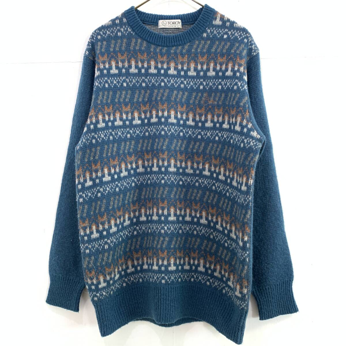 ☆TOROY トロイ Vintage 総柄 ジャガード ローゲージ クルーネックニットセーター ブルーグリーン系 サイズL【送料一律/同梱可能】G_画像1