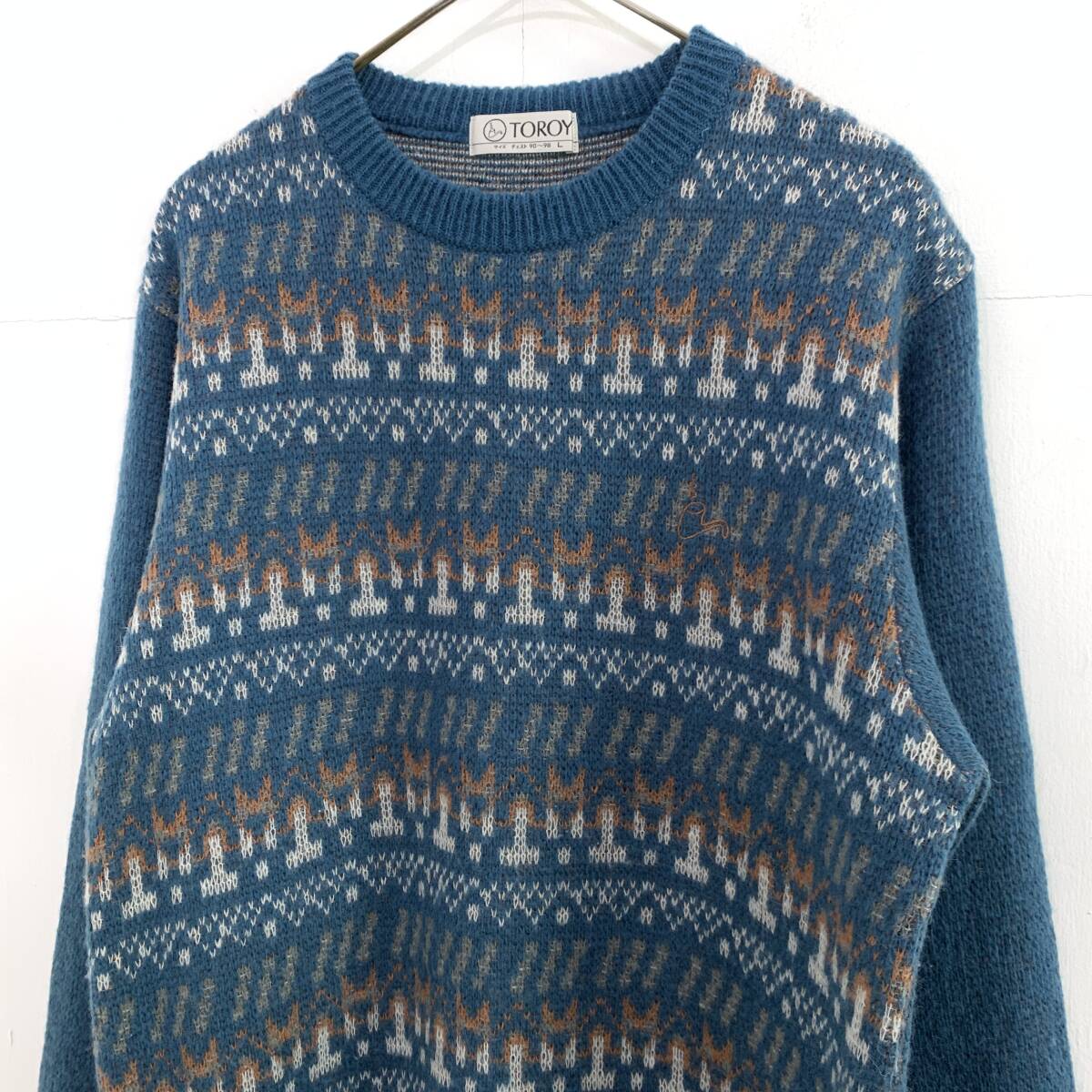 ☆TOROY トロイ Vintage 総柄 ジャガード ローゲージ クルーネックニットセーター ブルーグリーン系 サイズL【送料一律/同梱可能】G_画像2