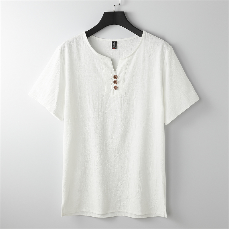 Tシャツ メンズ Vネック 半袖Tシャツ 大きいサイズ ティーシャツ カットソー 無地Tシャツ 綿麻風(fēng) 夏服 涼しい A915-3XL/白