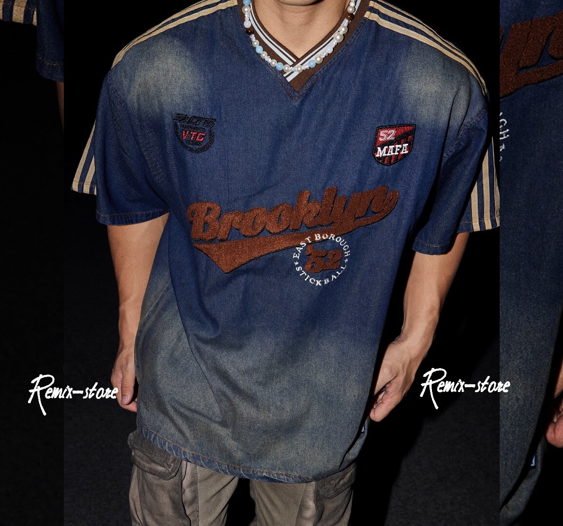 ★SUMMER ワッペン アメカジ グラデーション デニム ベースボールシャツ カットソー Tシャツ 半袖 M?XL オーバーサイズ 大きいサイズ★518