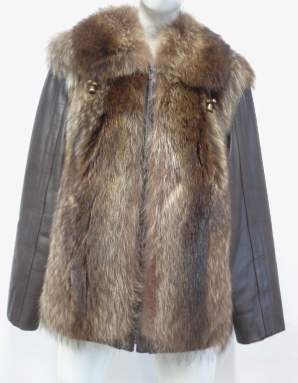  raccoon fur fur & leather * jacket american size 6-8