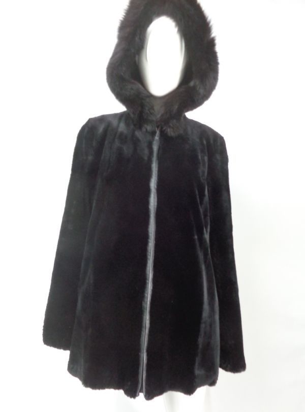 ファッション ブラック　シェアード・ビーバー&フォックス毛皮ファー・コート　アメリカンサイズ8-10 ビーバー