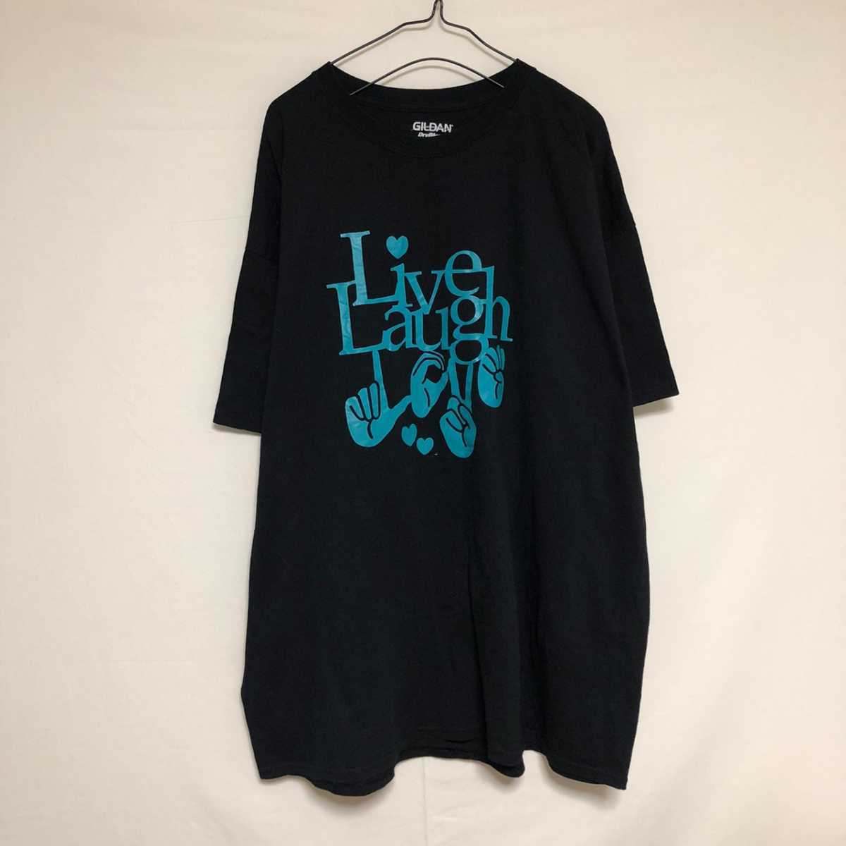 GILDAN Tシャツ Live Laugh 蛍光色 水色 黒 ブラック