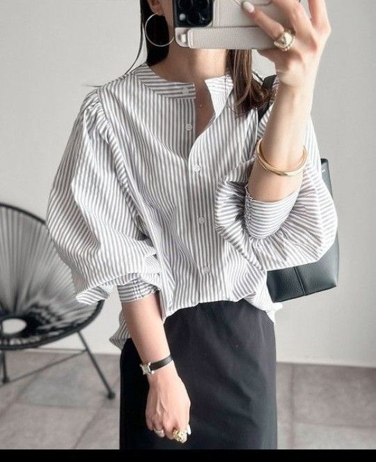 BORDERS ストライプバルーンスリーブTシャツ 36 ストライプ バルーンスリーブシャツ Mサイズ グレー|Yahoo