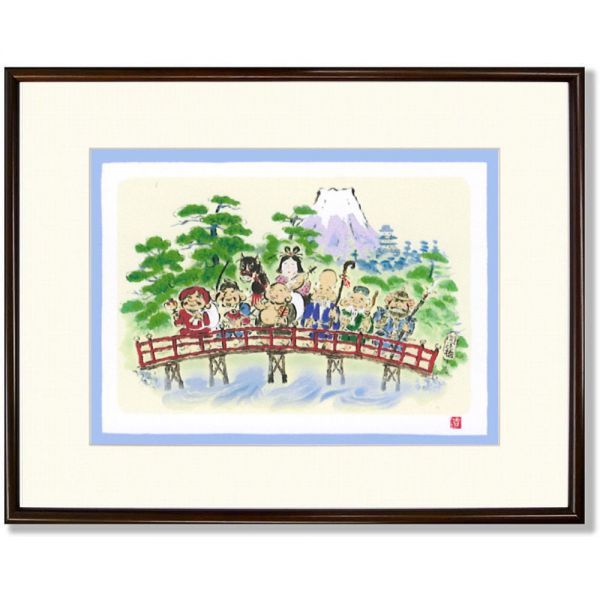 ★吉岡浩太郎『七福開運橋（ブラウン）』ジクレー 絵画 新品 作者直筆サイン 額付き 人物画 七福神 富士山【AHA-FUKU-009T】