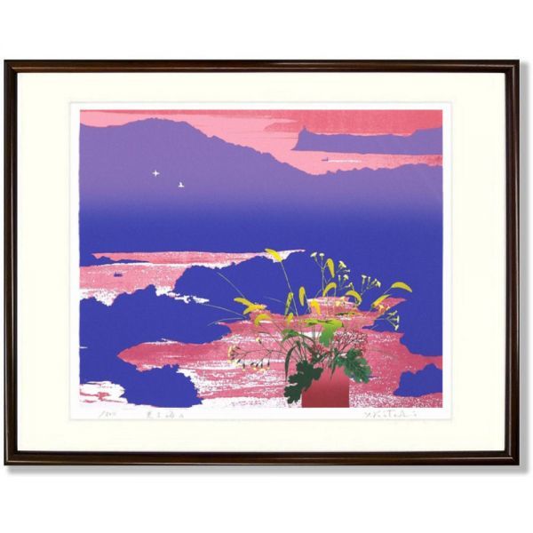 ★吉岡浩太郎『光る海Ａ（ブラウン）』シルクスクリーン 絵画 新品 作者直筆サイン 額付き 風景画 海岸 海辺 花瓶【AHA-FUKEI33-013T】