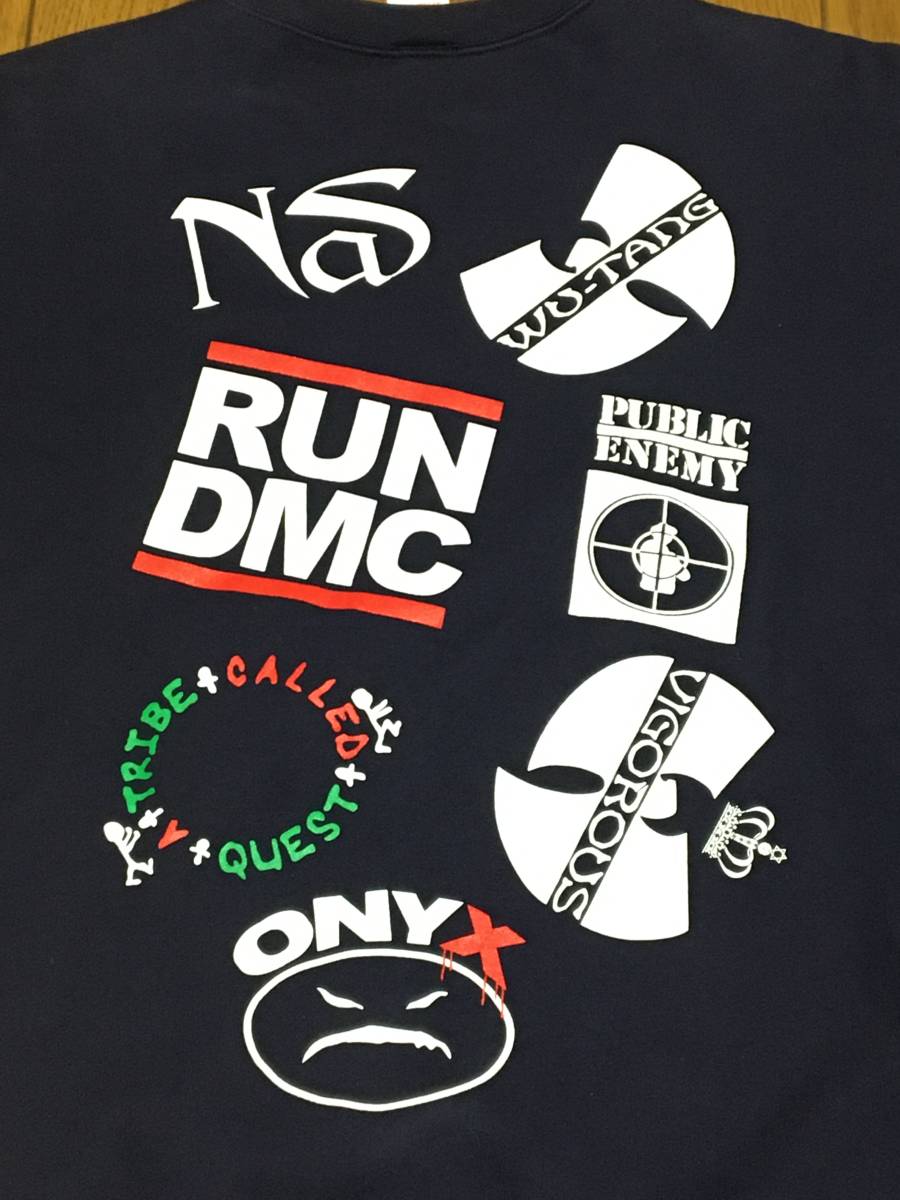  rare HIPHOP HISTORY multi print sweat XL navy blue NAS WU-TANG CLAN RUN DMC PUBLIC ENEMY A TRIBE CALLED QUEST ONYXu- tongue Clan 