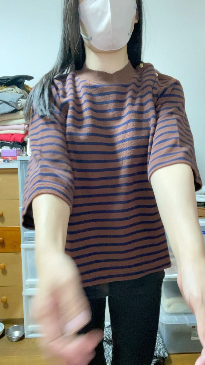 ボーダー 七分袖 gu トップス 茶色 ボーダー柄