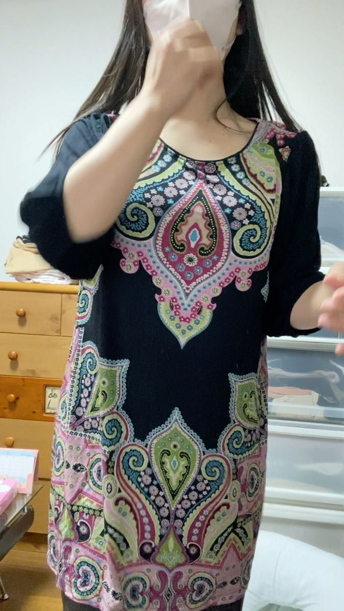 ワンピース チュニック 長袖 花柄 カットソー 七分袖