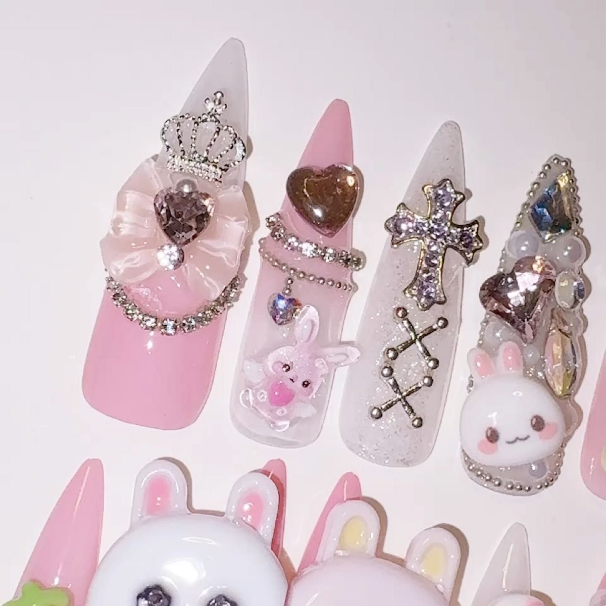 現品 平成女児 ピンク ネイルチップ 付け爪 量産型 地雷系 サブカル ゆめかわ デカパーツ 姫 ロング ギャル ゴテゴテ 韓国