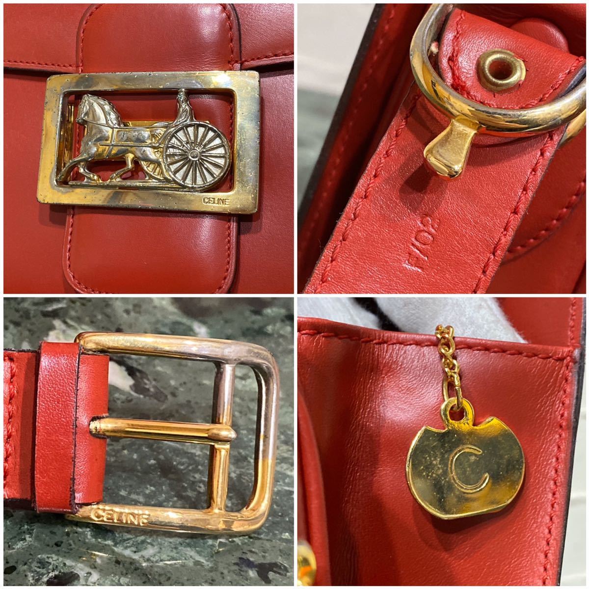 激レア 希少カラー VINTAGE OLD CELINE ホースキャリッジ ショルダーバッグ レッド 馬車金具 年代物 ヴィンテージバッグ 希少  斜め掛け