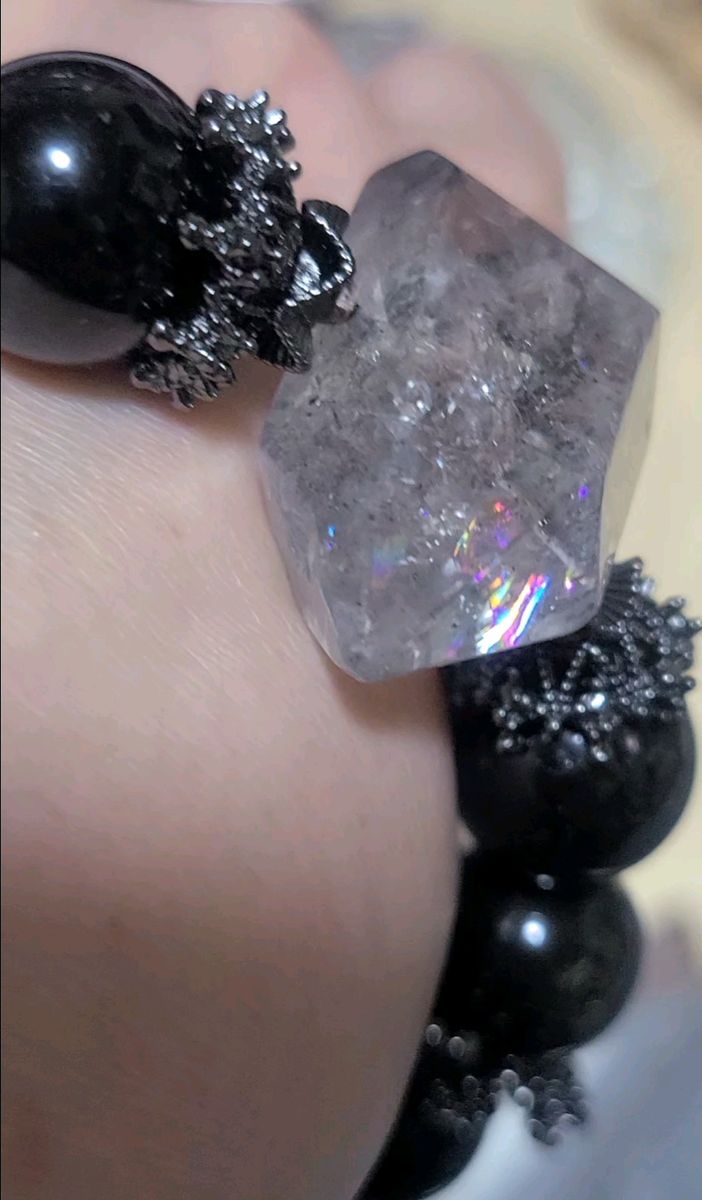 大きくて虹が綺麗なハーキマーダイヤモンド×大玉ゴールデンオブシディアン パワーストーンブレスレット 天然石 ハーキマーバラ売り可能