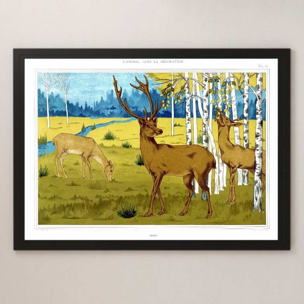 ヤフオク 鹿の群れ 風景 ビンテージイラスト 光沢 ポスタ