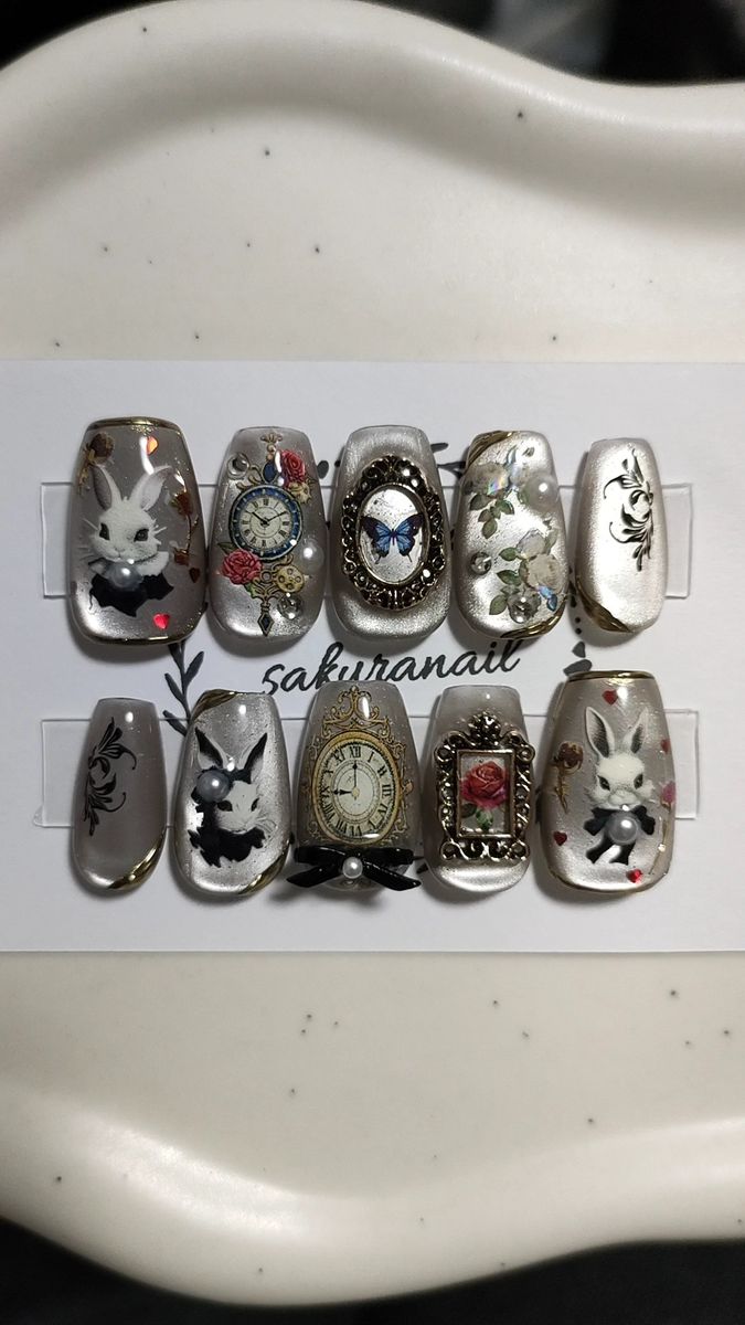 ショートネイルチップ現品のみ ゴスロリ アリスうさぎ マグネットネイル 個性派 ニュアンス