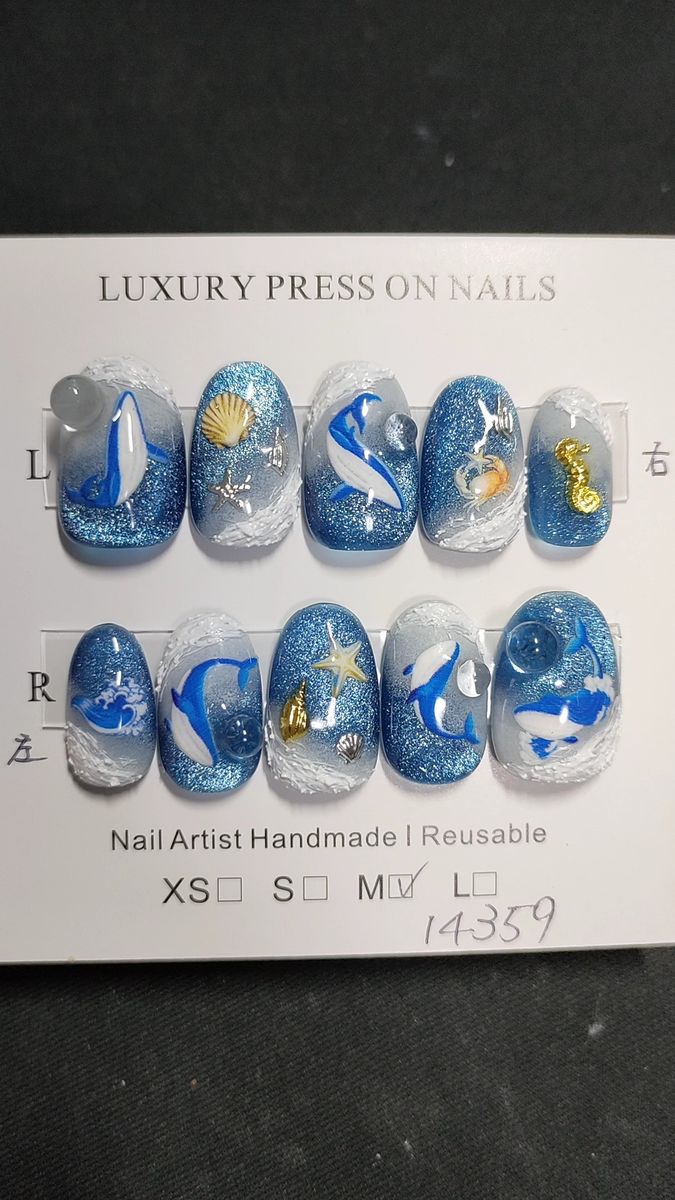 ネイルチップ現品 ショートオーバル くじらネイル ブルーマグネット 個性派 クジラ 鯨 魚 カニ 海ネイル