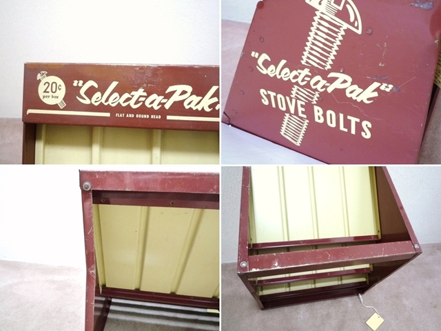 Select-a-Pak Vintage shelves showcase National Lock Company made store furniture stove bolt for screw tea color display rack garage .