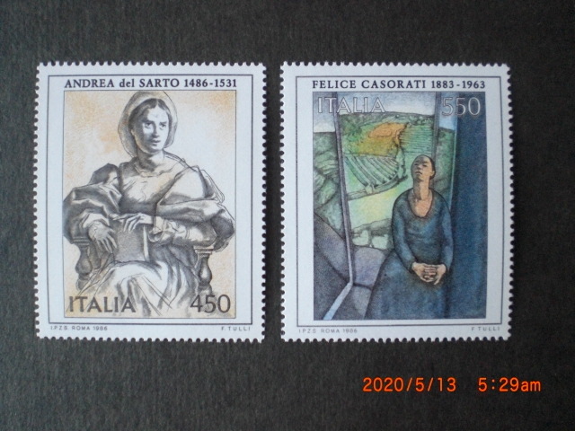 イタリア美術切手　サルト画「本を持つ女」ほか　2種完　1986年　未使用　イタリア共和国　VF/NH_画像1