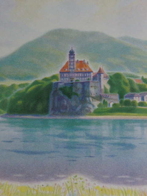 五十嵐二朗、【ドナウ川の古城】、希少な大判額装用画集より、美品 五十嵐二朗、【ドナウ川の古城】、希少な大判額装用画集より、美品