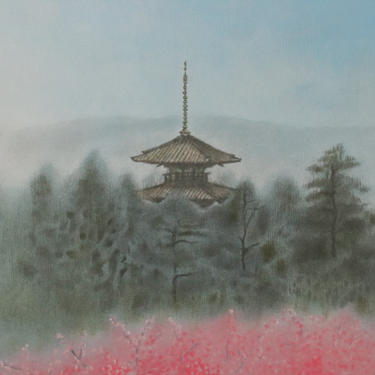 宙】真作保証 鈴木竹柏「春霞」リトグラフ 63/150 サイン有 額装 日本