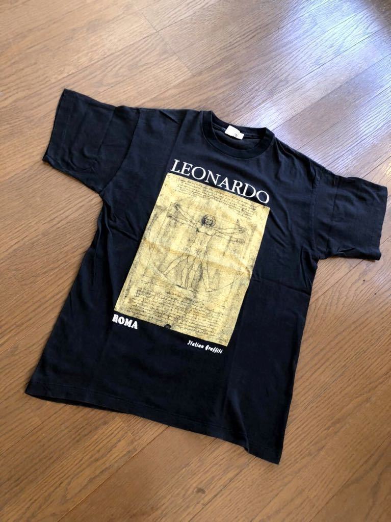 ☆★80s90s VINTAGE レオナルド ダヴィンチ ウィトルウィウス的人体図 プリントTシャツ オールド アート ビンテージ XL 黒 ブラック☆★