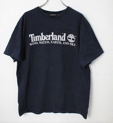 90's USA製 ティンバーランド ロゴプリント コットン 半袖 Tシャツ 紺 (M) ネイビー アメリカ製 90年代 旧タグ オールド Timberland
