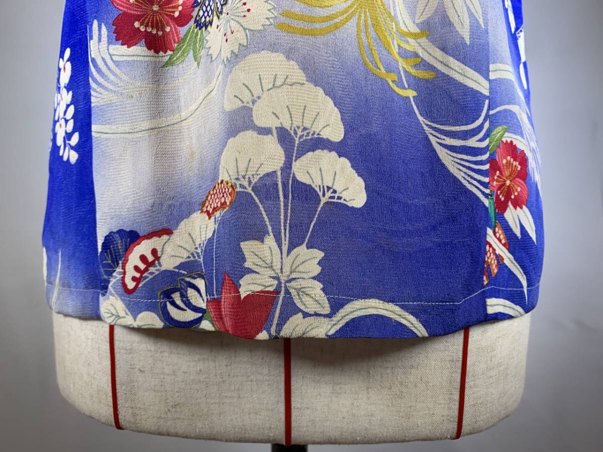 レディース アロハ シャツ M 正絹 青の絽縮緬 シルク100% ハンドメイド 和柄 着物 リメイク hoihoikeiki ンテージ