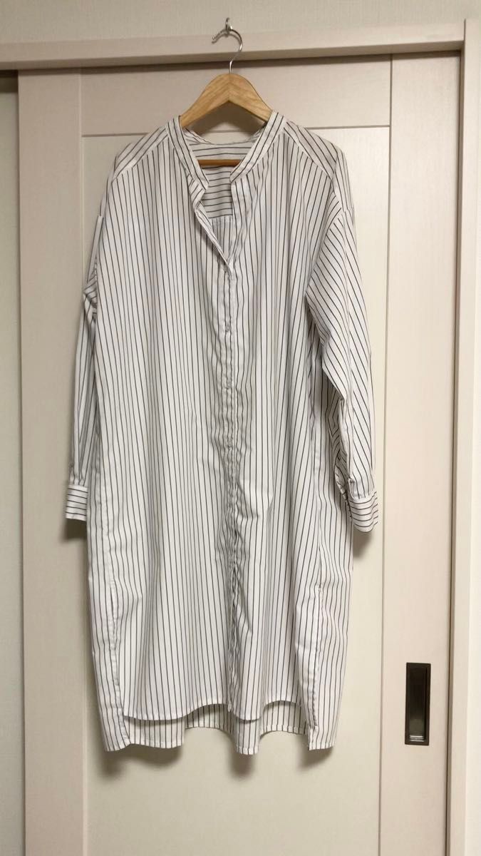 袖口ベルト アイロン不要 長袖 ロングシャツ ストライプ GU シャツワンピース