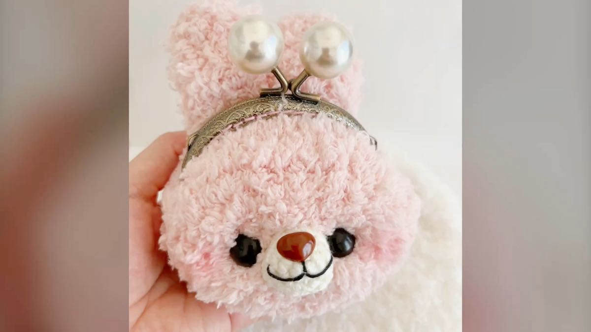 ハンドメイド がま口 ポーチ ピンク ウサギ パール もふわふわ もこもこ 可愛い キッズ
