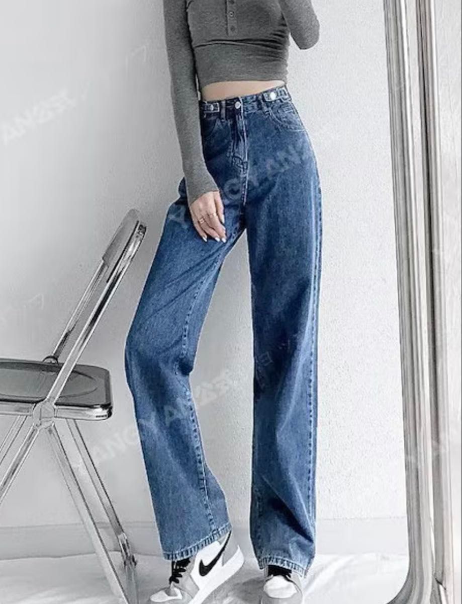 環状ベルト付き　レディース ワイドパンツ デニムパンツ ストレートジーンズ Mサイズ