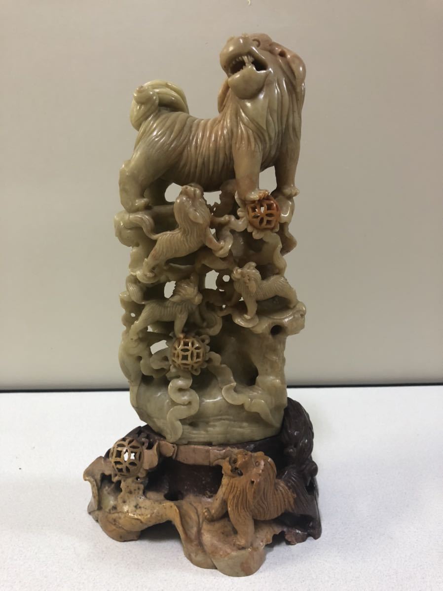 置物　石　寿山石 彫刻　中国古美術　舞　ライオン踊り　古玩
